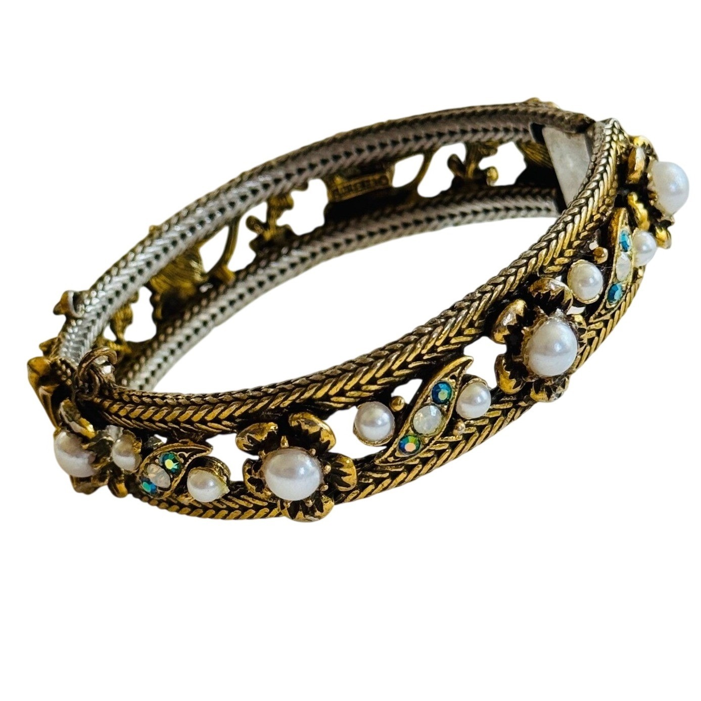 Vtg Florenza Regal Gold Hinged Bangle Bracelet Floral Victorian Etruscan Revival